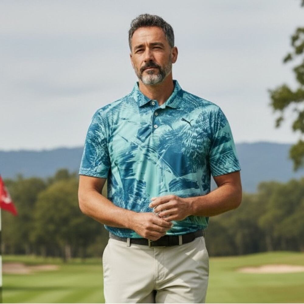 PUMA GOLF Men’s XL Blue Tropical Print Polo Shirt PUERTO CANCUN